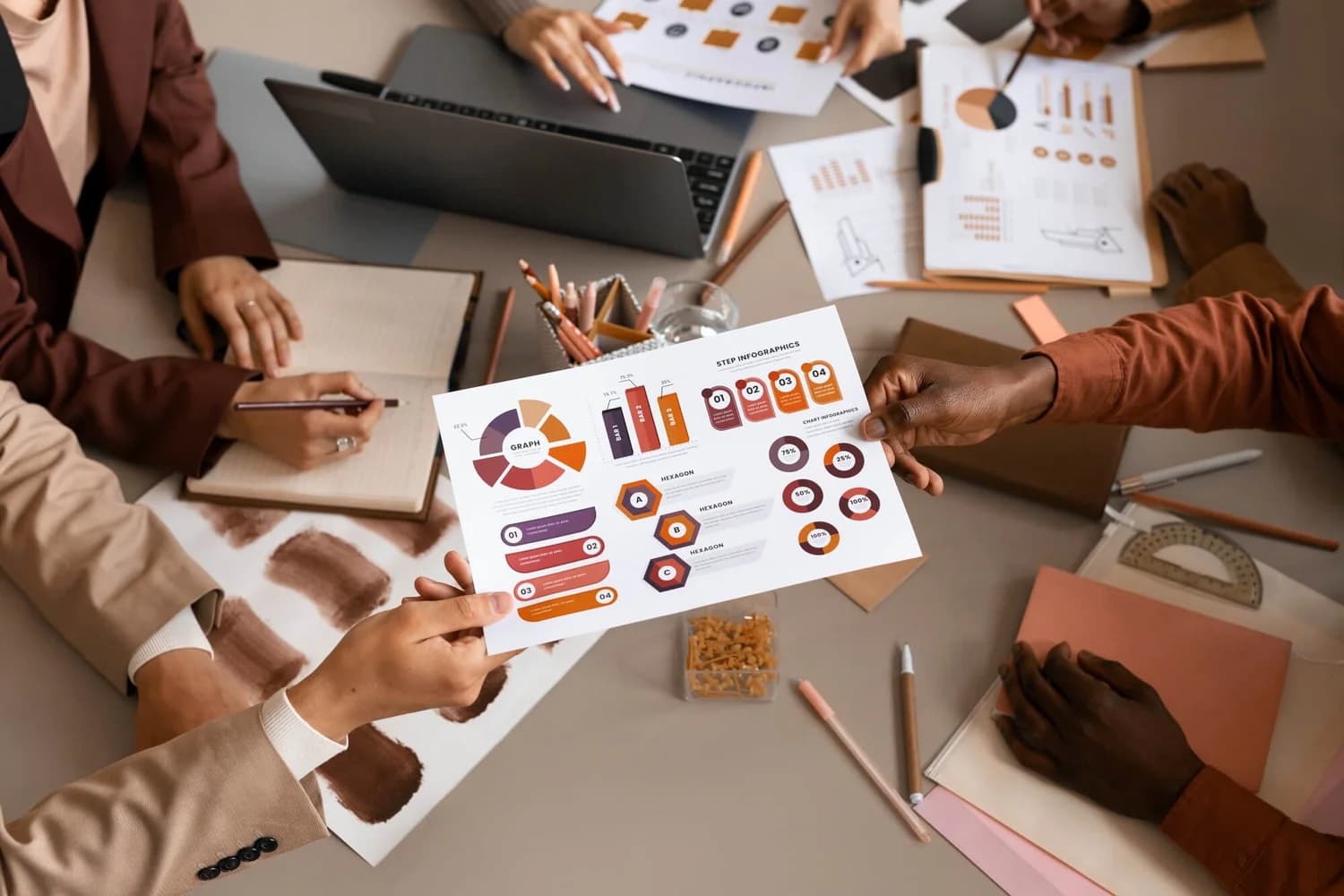 team at a marketing agency working with content marketing frameworks.