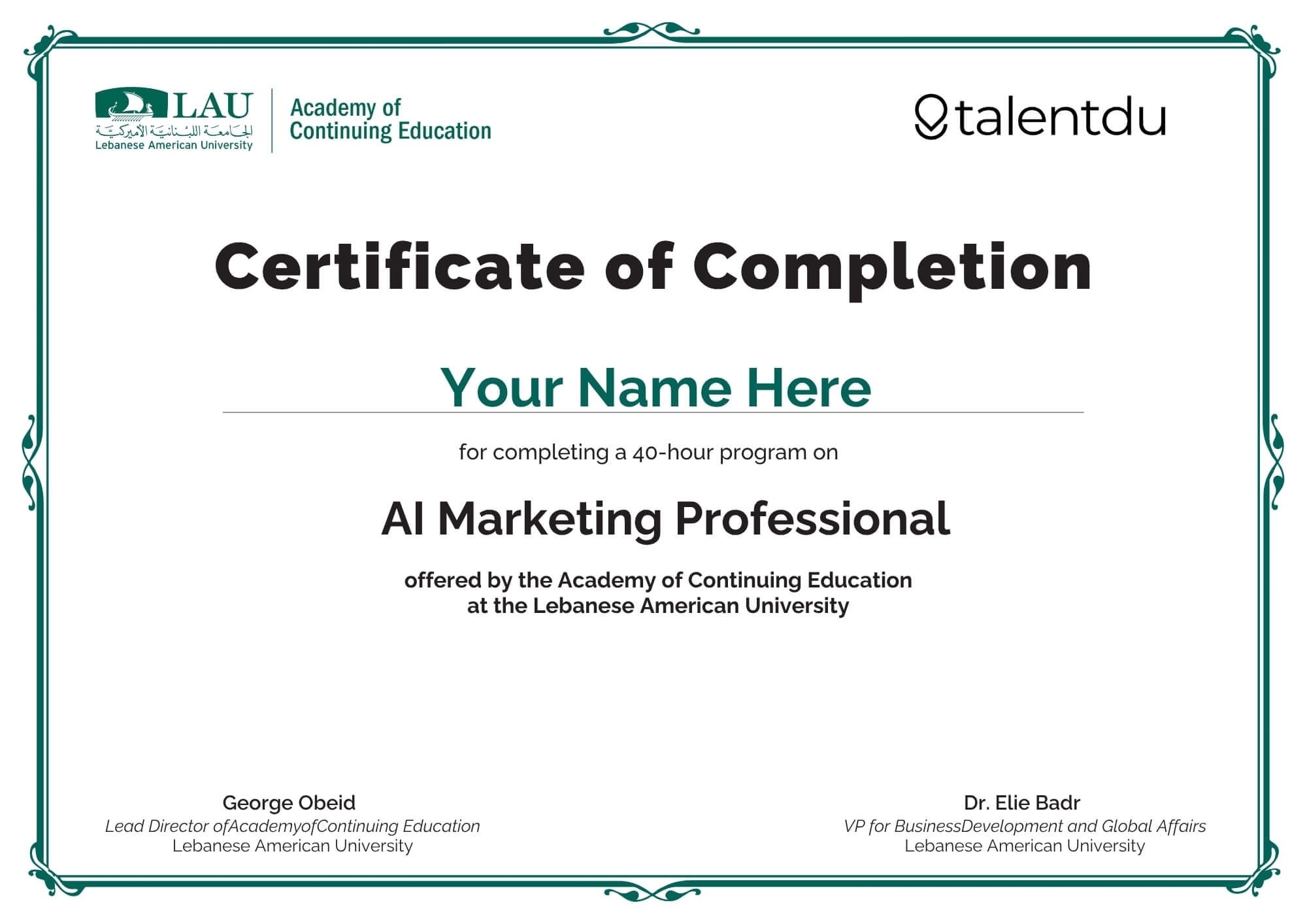 Sample AI Marketing Professional Certificate issued by LAU Academy of Continuing Education