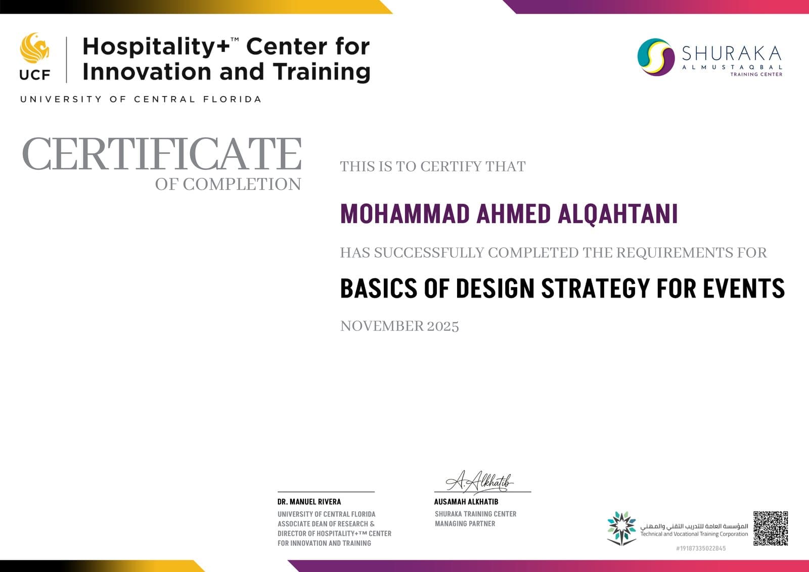 Sample Course Completion Certificate from the UCF Hospitality+™ Center for Innovation and Training