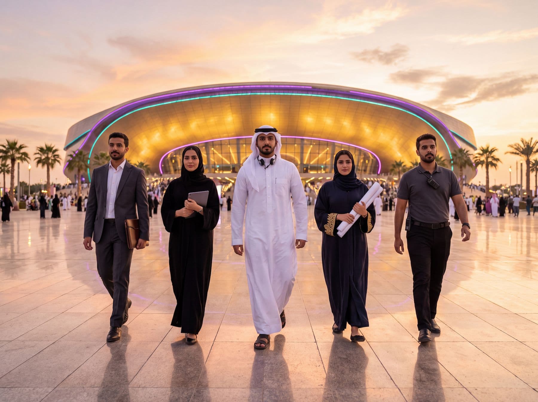 A team of event professionals walking across the plaza of an arena at sunset