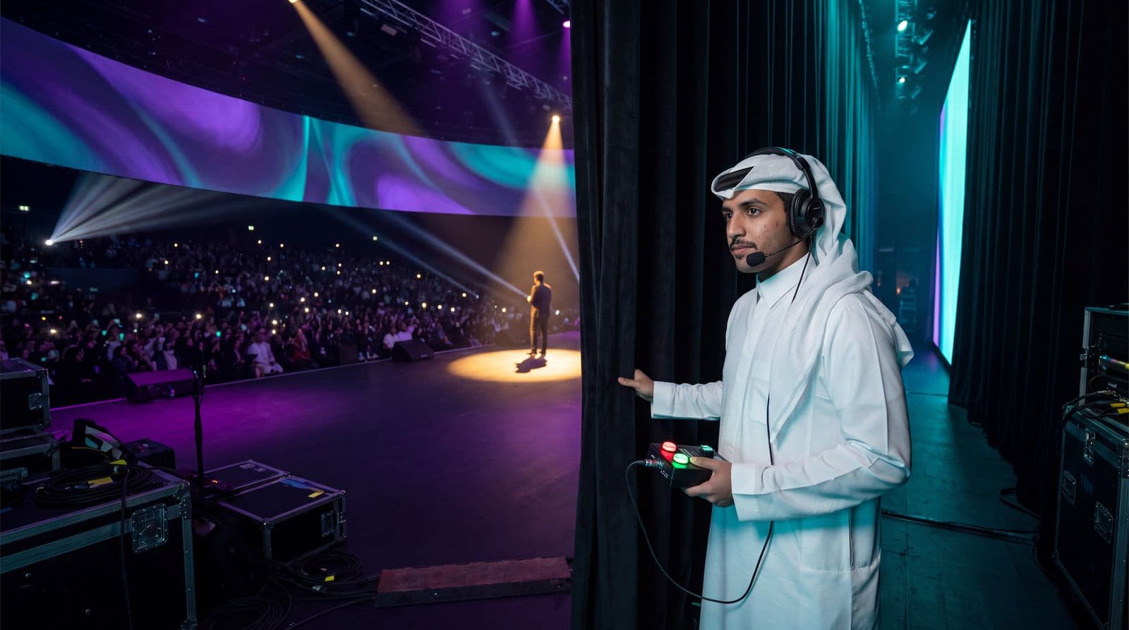 A stage manager with a headset cueing a live show from backstage
