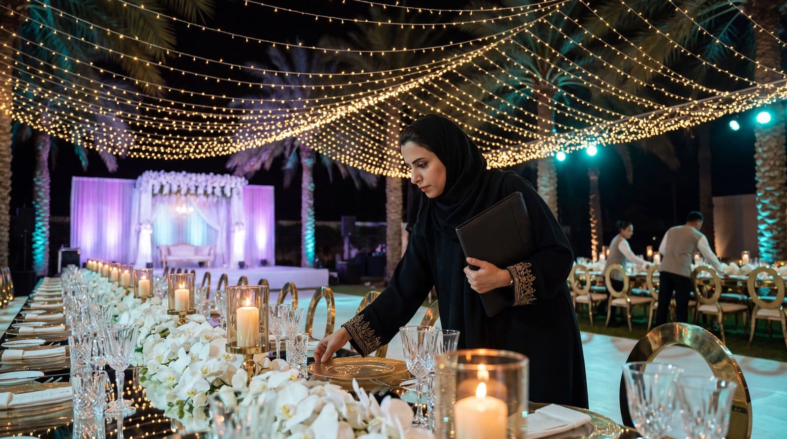 An event designer arranging a candlelit banquet table under string lights