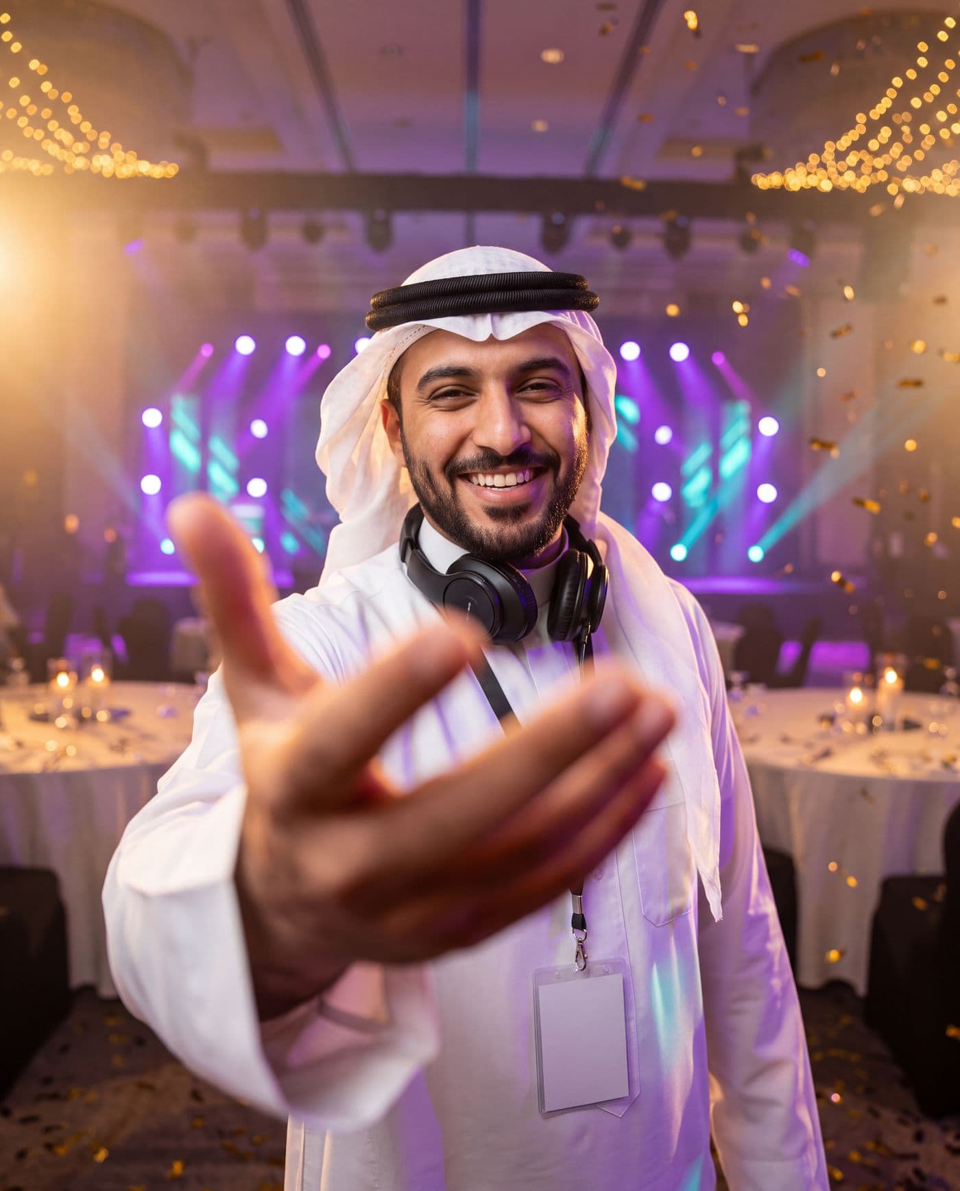 An event host welcoming guests to a gala evening